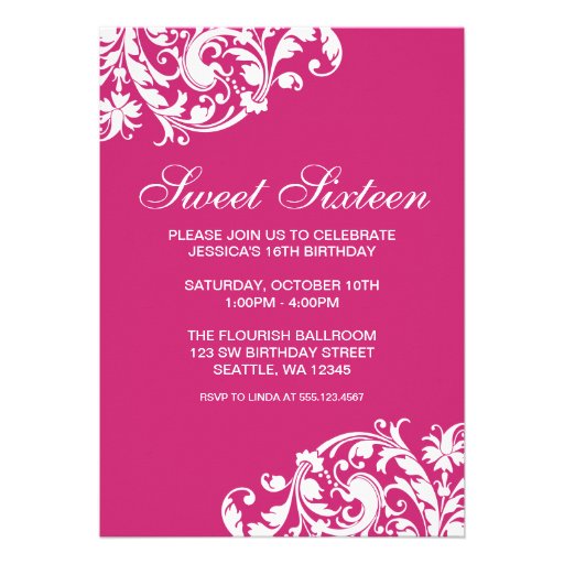 Pink and White Swirl Flourish Sweet 16 Birthday Personalized Invites