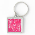 Pink and White Swirls Monogram Keychain