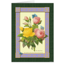 Pink and Yellow Botanical Roses Blank Card by thegardenpages Pink and Yellow Botanical Roses Blank Card