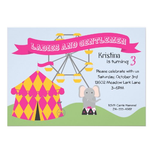 Pink and Yellow Carnival Birthday Party Invitation (front side)