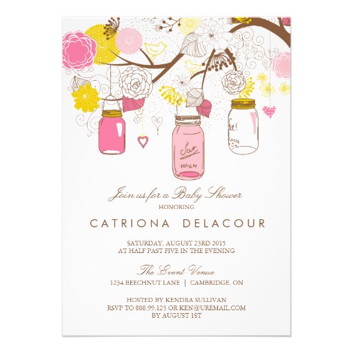 Pink and Yellow Mason Jars Baby Shower Invitation