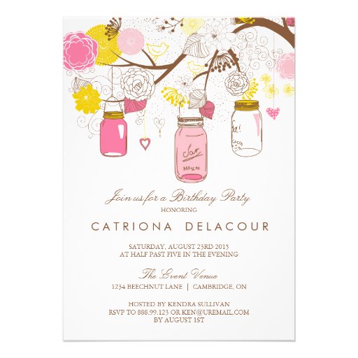 Pink and Yellow Mason Jars Birthday Invitation