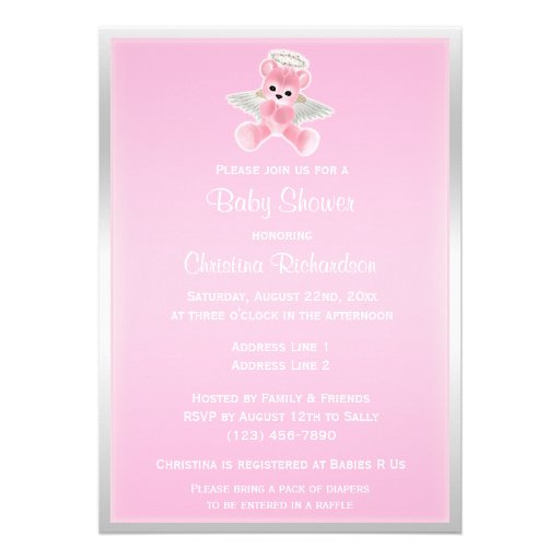 Pink Angel Teddy Bear Baby Shower Custom Invitation