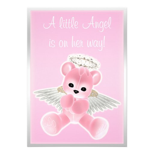 Pink Angel Teddy Bear Baby Shower Custom Invitation