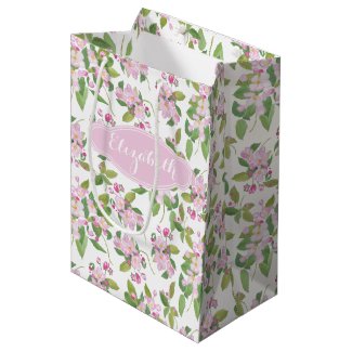 Pink Apple Blossom Floral Pattern on White Medium Gift Bag