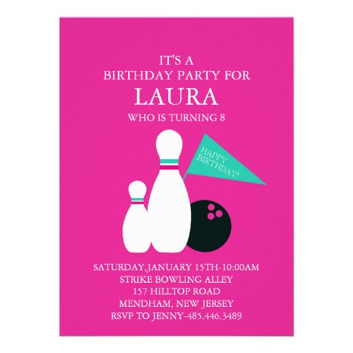 Pink & Aqua Bowling Party Birthday Invitation