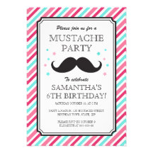 Pink aqua stripes mustache bash birthday party announcement