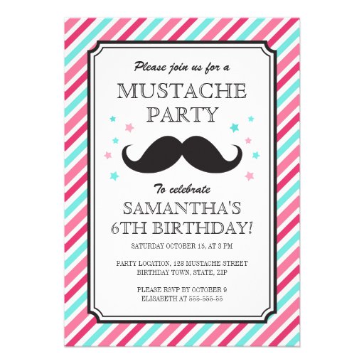 Pink aqua stripes mustache bash birthday party announcement
