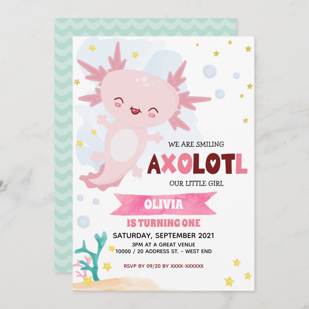 Pink Axolotl Girl Birthday Invitation Zazzle