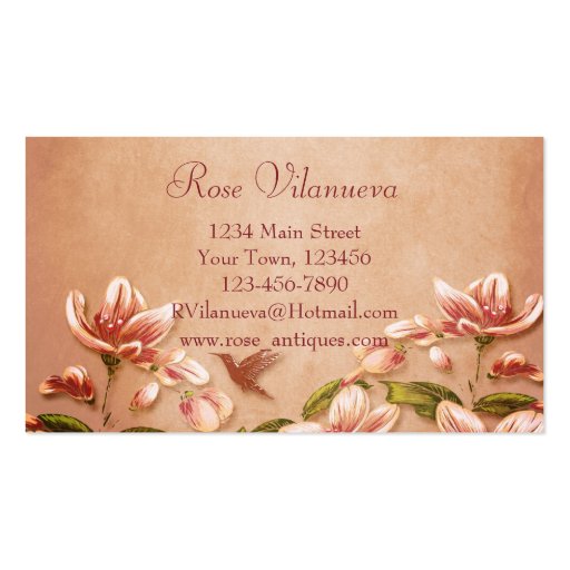 Pink Azaleas Vintage Floral on Whiskey Retro Business Card Template (back side)