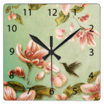 Pink Azaleas Vintage  on Green Mist Square Wall Clocks