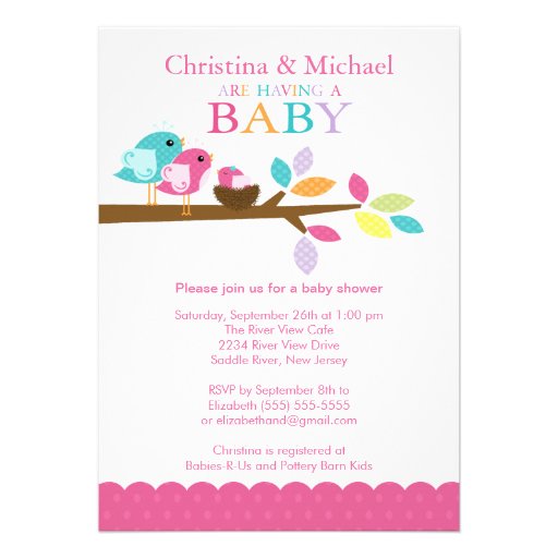 Pink Baby Bird Nest Baby Shower Invitations