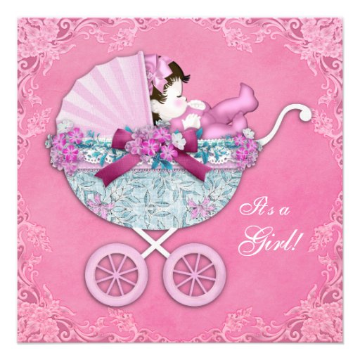 Pink Baby Carriage Baby Girl Shower Invitation