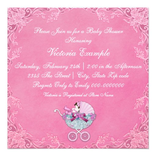Pink Baby Carriage Baby Girl Shower Invitation