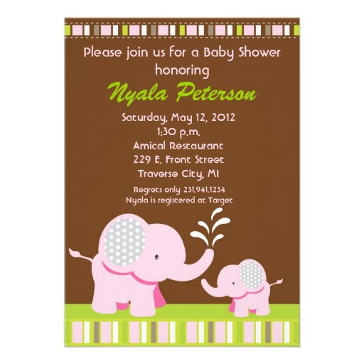 Pink Baby Elephant Shower Invitations (front side)