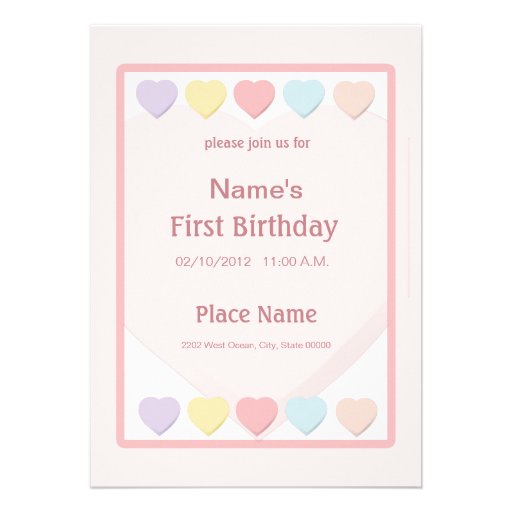 Pink Baby Girl First Birthday Hearts Invitation