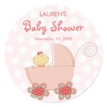 Pink Baby Girl & Pram Baby Shower Label / Sticker
