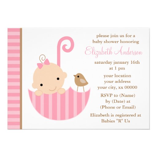 Pink Baby in Umbrella Baby Shower Custom Invites