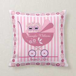 Pink Baby Owl in Pram & Custom Text Throw Pillow