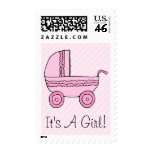 Pink Baby Stroller on Pink Stripes. Its A Girl Postage