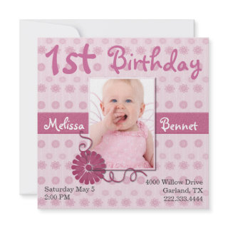 Pink Baby's First Birthday Photo Invitation