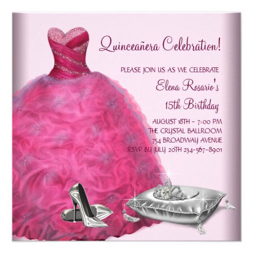 Pink Ball Gown High Heel Shoes Pink Quinceanera Personalized Announcements (front side)