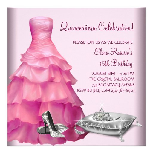 Pink Ball Gown High Heel Shoes Pink Quinceanera Custom Invitation