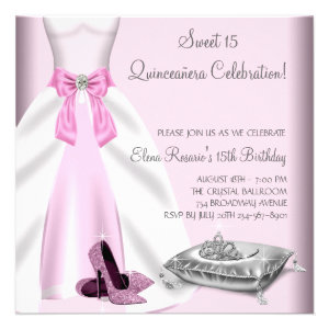 Pink Ball Gown High Heel Shoes Quinceanera Invitations