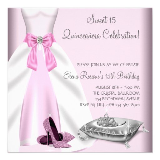 Pink Ball Gown High Heel Shoes Quinceanera Invitations (front side)