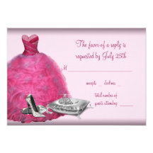Pink Ball Gown High Heel Shoes Quinceanera RSVP Personalized Announcements