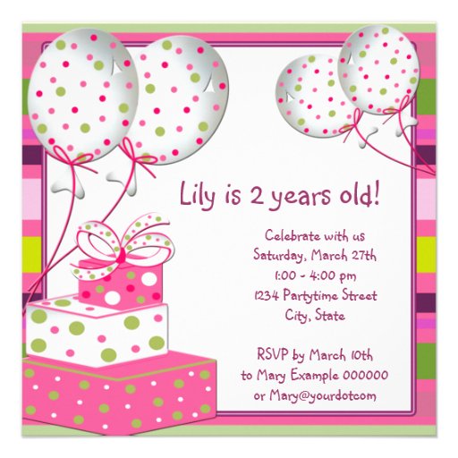 Pink Ballons Girls 2nd Birthday Party Personalized Announcements