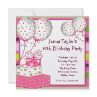 Pink Balloons Presents Girls 10th Birthday Party invitation