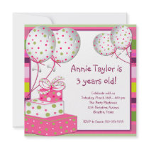 Pink Balloons Presents Girls 3rd Birthday Party Invitations