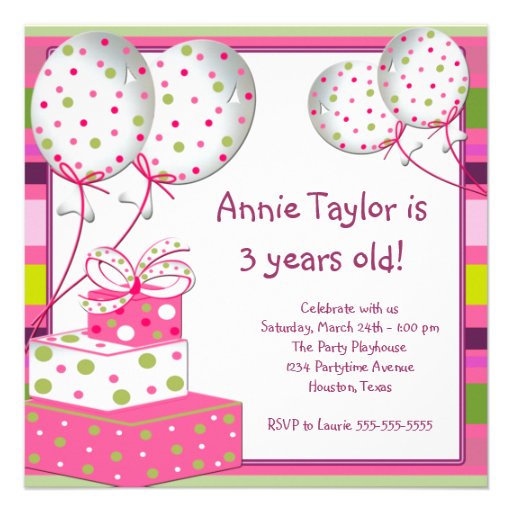 Pink Balloons Presents Girls 3rd Birthday Party Invitations