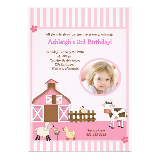 Pink Barn Animal Farm PHOTO Birthday Invitations