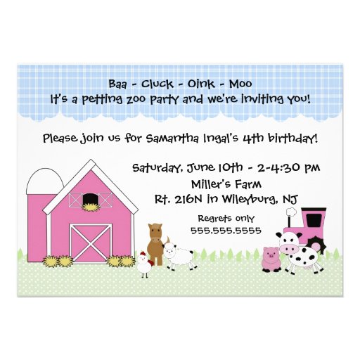 Pink Barn Farm birthday invitation with animals