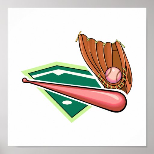 Pink bat & ball with glove posters