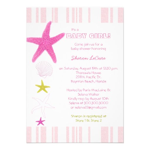 Pink Beach Starfish, Stripes Baby Girl Baby Shower Invite (front side)