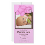 Pink Bear Baby Girl Birth Annoucement Custom Photo Card
