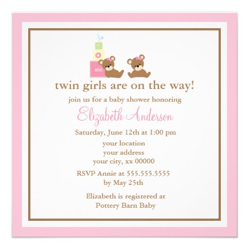 Pink Bears Twins Baby Shower Custom Invite