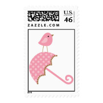 Pink Bird and Umbrella Postage Stamp