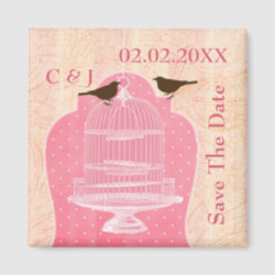 pink bird cage, love birds save the date magnets