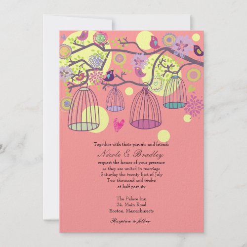  Pink Bird Cage Love Birds Wedding Invitation invitation