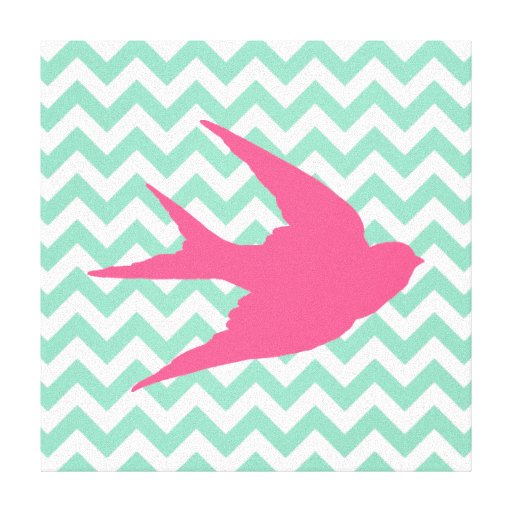 Pink Bird Silhouette on Chevron Stripes Canvas Prints