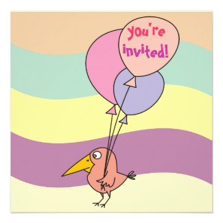 Pink Bird with Three Balloons Party Invites