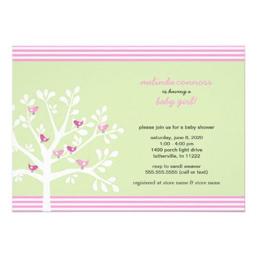 Pink birds on white tree baby shower invite