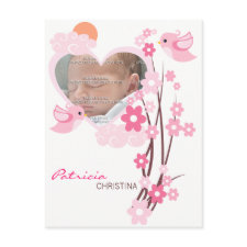 Pink Birds Spring Flowers Photo Baby Announcement postcard