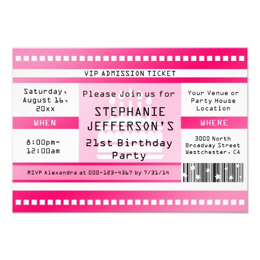 Pink Birthday Party Admission Ticket Invitations