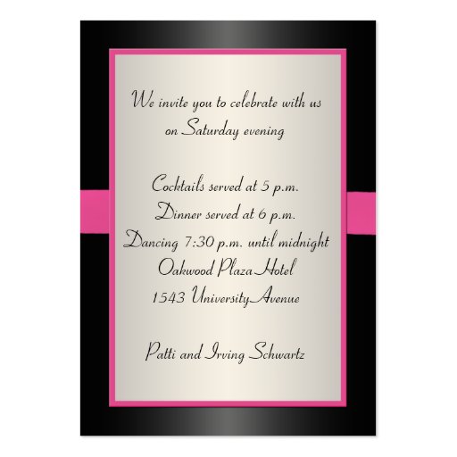 Pink, Black, and Silver Reception Enclosure Card Business Card (back side)