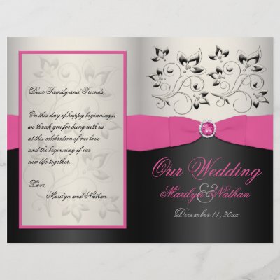 This 85x11 pink silver and black floral wedding program has a hot pink 